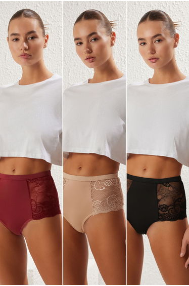 Black-Multicolored 3-Pack Jersey Lace Detail Plain Hipster Panties