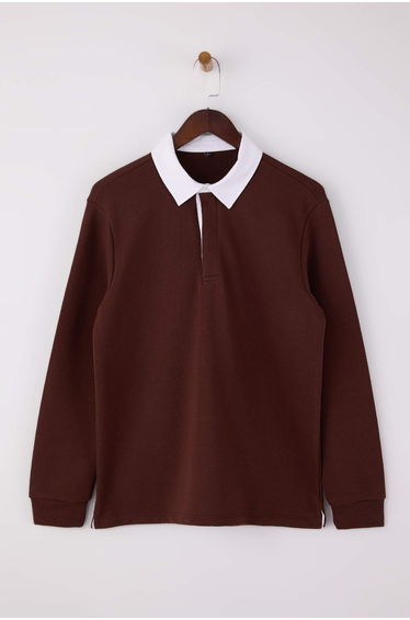 Brown New Oversized /Wide Cut Collar Woven Polo Neck Sweatshirt