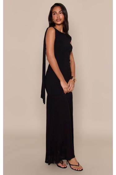 Black Sheer Panel Scarf Detail Knitted Maxi Dress