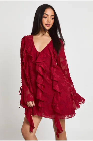 فستان بوهو شيفون بنفسجي قصير بقصة مستقيمة بأكمام طويلة