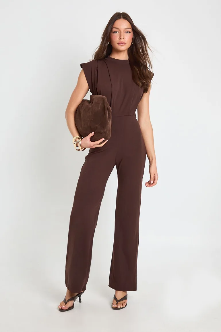 Tailored Pleat Detail Wide Leg Jumpsuit - chocolate