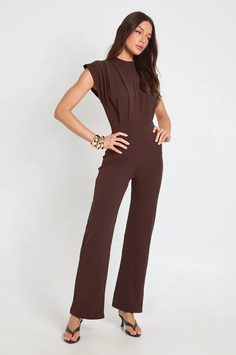 Tailored Pleat Detail Wide Leg Jumpsuit - chocolate - 2