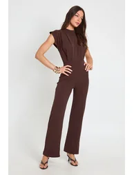 Tailored Pleat Detail Wide Leg Jumpsuit - chocolate - 2