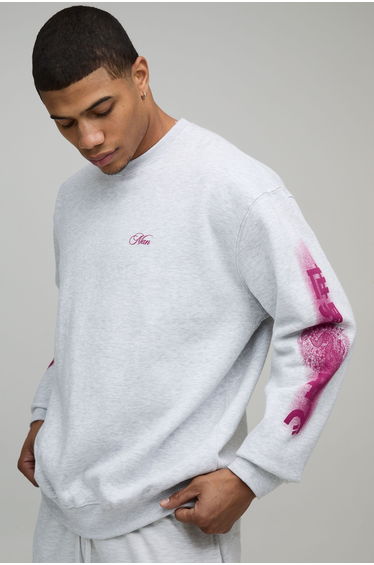 Oversized Dragon Floral Printed Sweatshirt - ash grey