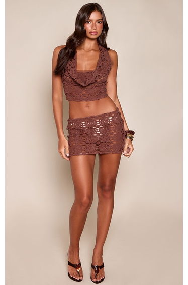 Dark Brown Textured Cowl Halter Neck Top Co-ord