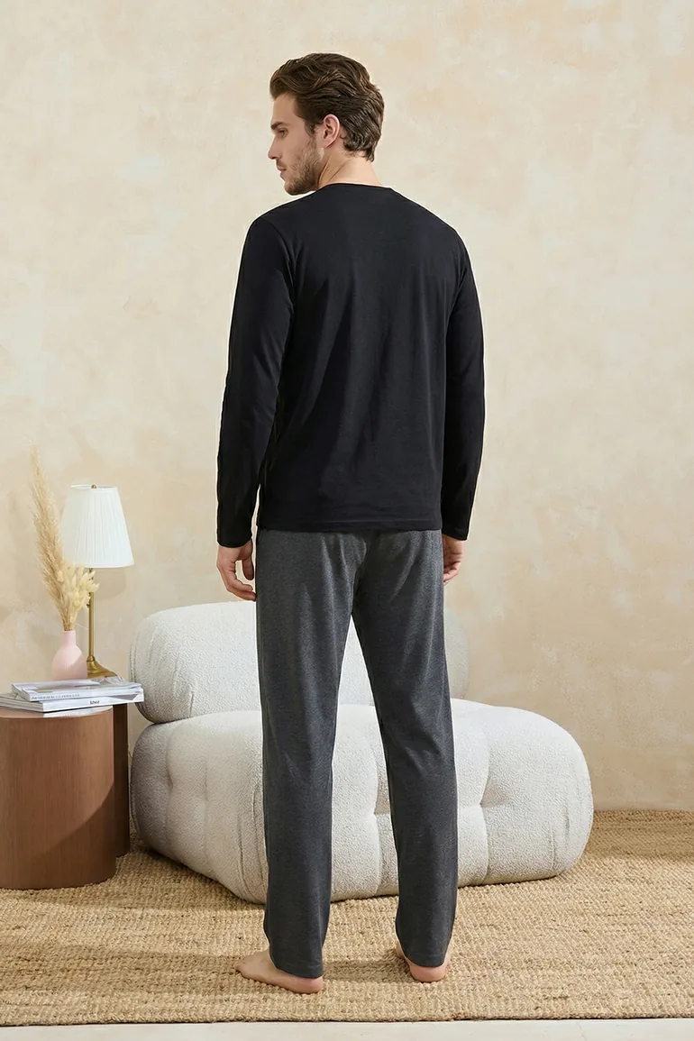 Black Regular Fit Printed Knitted Pajamas Set - 1