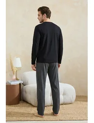 Black Regular Fit Printed Knitted Pajamas Set - 1