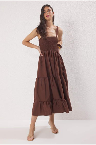 Brown Plain A-Line Square Neck Lined Woven Dress