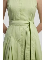 Cotton Collared Halter Neck Woven Midi Shirt Dress With Dropped Waist Detail - 2