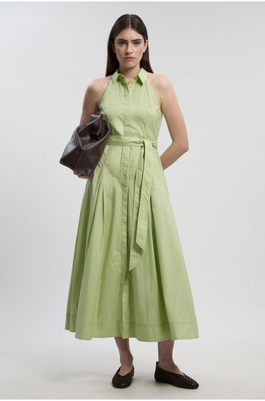 Cotton Collared Halter Neck Woven Midi Shirt Dress With Dropped Waist Detail