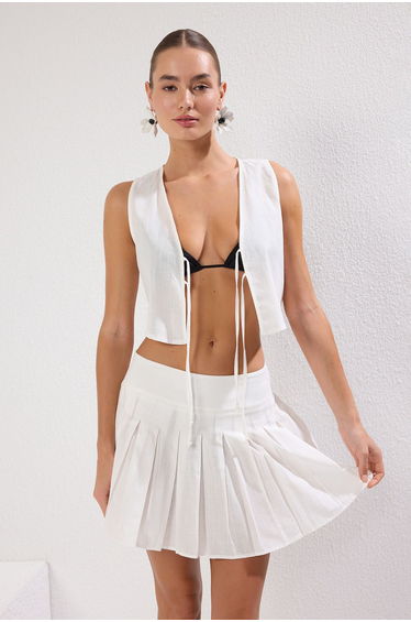Ecru Pleated Flamed Cotton Blouse Skirt Beach Set
