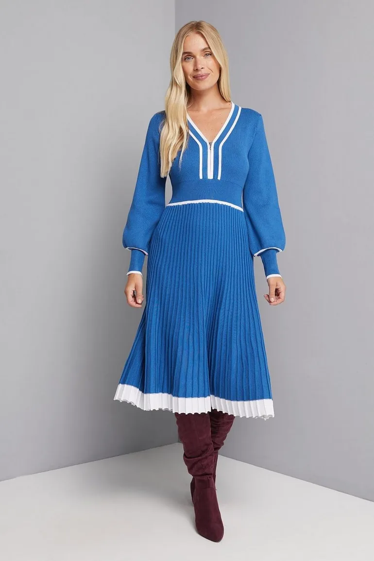 Petite Cobalt Zip Front Pleated Knitted Midi Dress Wallis Blue : Dresses :  VogaCloset Oman