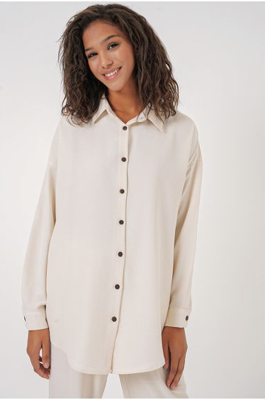 Women's Ecru Oversize Linen Bottom Top Set
