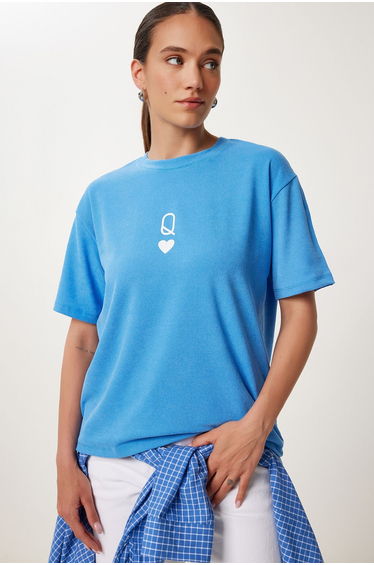 Women's Sky Blue Printed Oversize Knitted T-Shirt