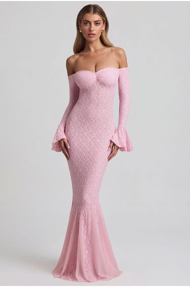 Off-Shoulder Ruffle Lace Maxi Dress in Soft Pink