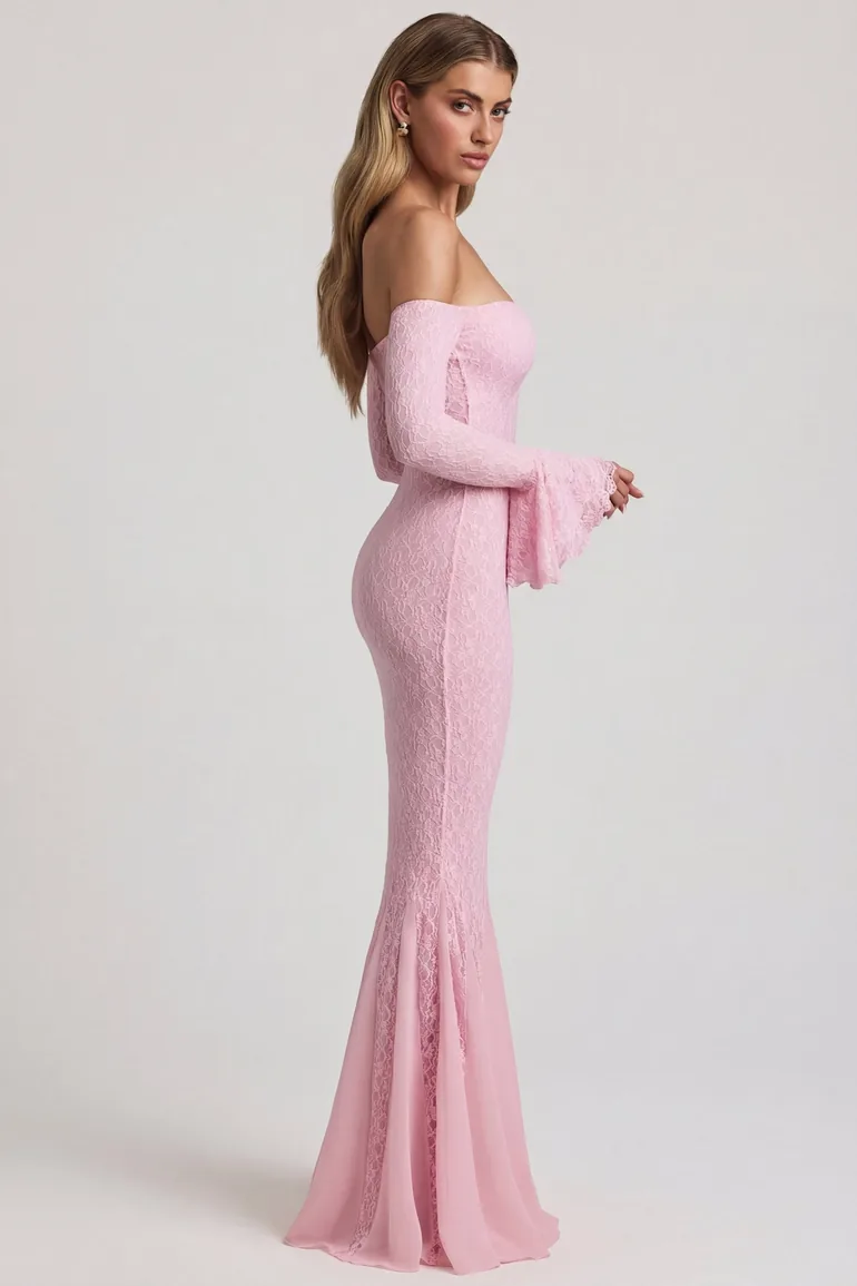 Off-Shoulder Ruffle Lace Maxi Dress in Soft Pink - 2