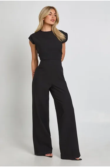 جمبسوت بأرجل عريضة بخصر مزموم - أسود