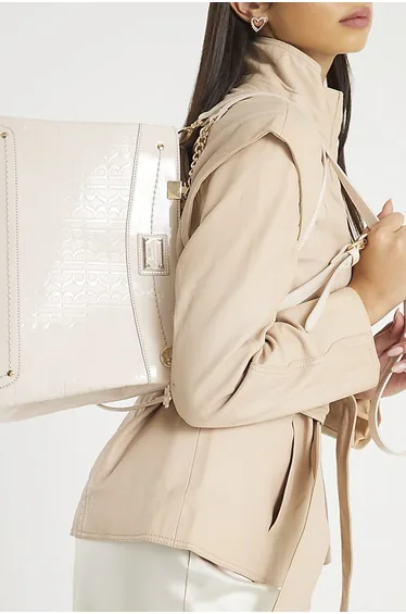 Cream Chain Handle Embossed Tote Bag