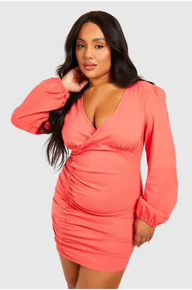 Plus Ruched Mini Bengaline Dress - red