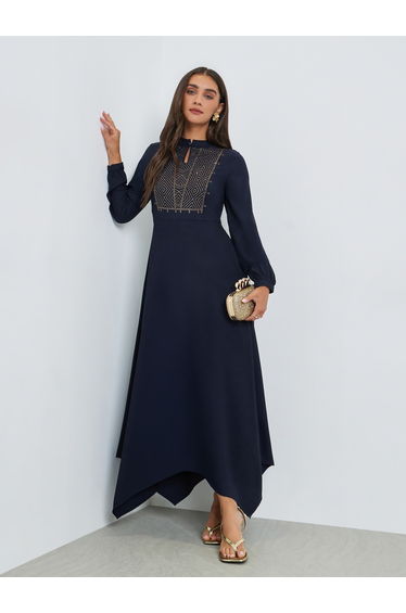 Navy Blue Embellished Asymmetrical Hem Maxi Dress