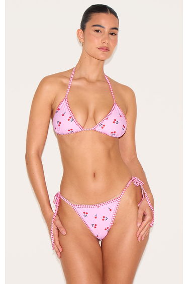 Pink Cherry Print Contrast Binding Triangle Bikini Set