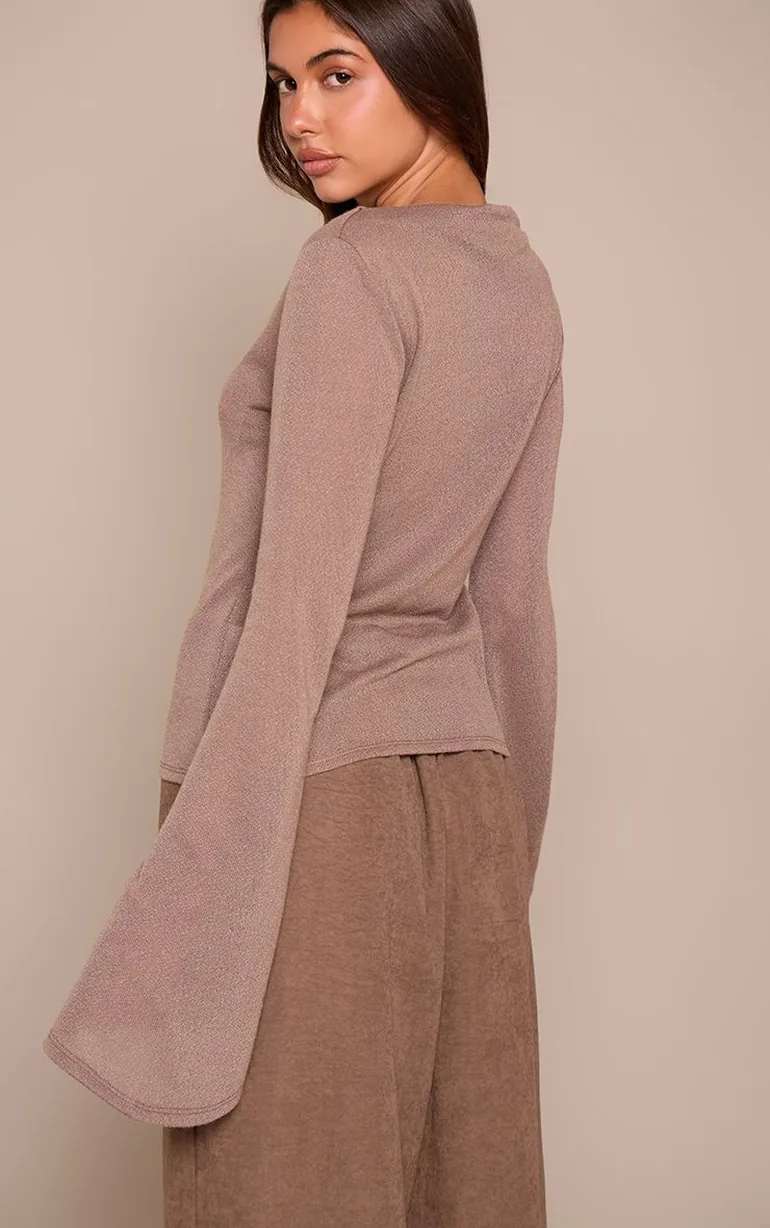 Dark Mushroom Textured Extreme Flute Sleeve Long Top - 2