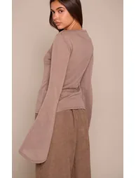 Dark Mushroom Textured Extreme Flute Sleeve Long Top - 2