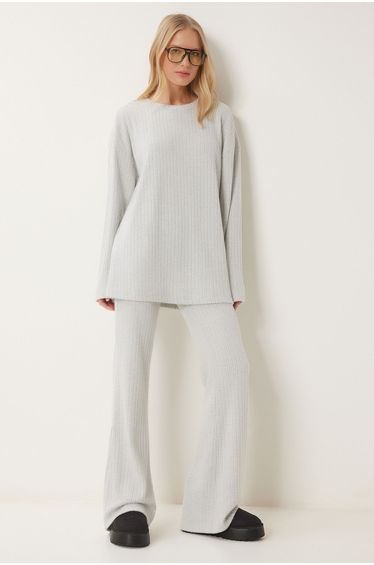 Women's Gray Comfortable Ribbed Knitted Blouse Trousers Set