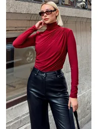 Burgundy Half Turtleneck Shoulder and Waist Draped Women's Blouse Crop - 1