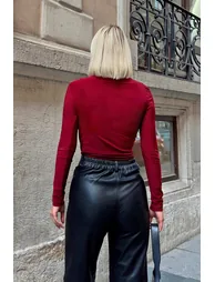Burgundy Half Turtleneck Shoulder and Waist Draped Women's Blouse Crop - 4