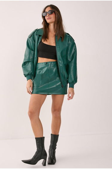 Textured Faux Leather Pocket Detail Mini Skirt
