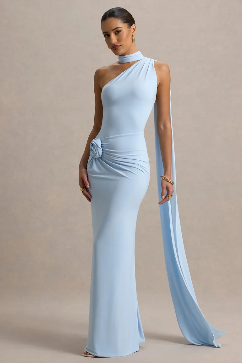 blue maxi dress for wedding guest Ellery Floral Ruffle Maxi Dress