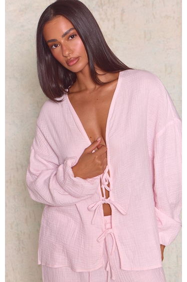 Petite Pink Cheesecloth Textured Tie Front Shirt