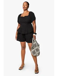 Plus Linen Puff Sleeve Smock Top - black