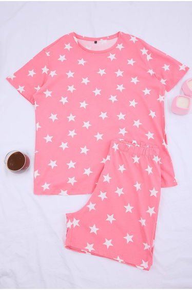 Pink Star Patterned Knitted Pajama Set with Shorts