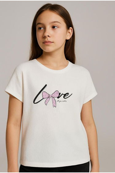 Girls' T-Shirt with Love Theme Text Print, Glittery, Off-White