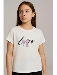 Girls' T-Shirt with Love Theme Text Print, Glittery, Off-White