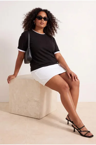 Black Collar Sleeve and Hem Detail Basic Knitted Plus Size Blouse
