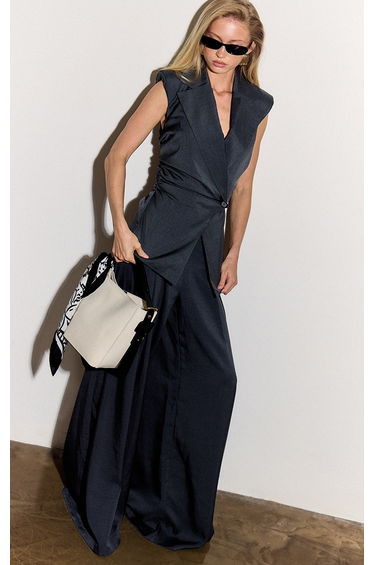 Navy Pleated High Rise Wide Leg Trousers