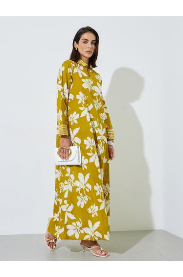 Yellow All Over Floral Print Shirt Collar Maxi Jalabiya