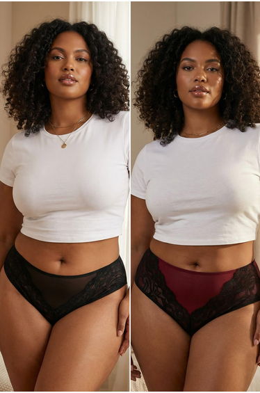 Cherry-black 2-pack bow lace detail brazilian sexy plus size panties