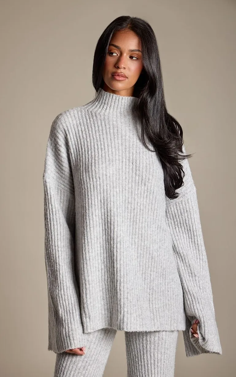 Tall Ash Grey Luxe Rib Knit Oversized Jumper - 3