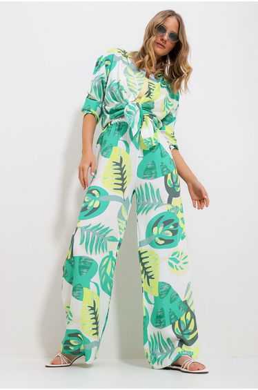 Women's Green Patterned Shirt And Trousers Bottom Top Woven Suit