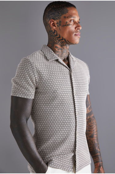 Slim Short Sleeve Mini Geo Shirt - taupe