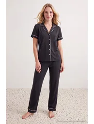Dark Gray 100% Cotton Ribbed Knitted Pajamas Set - 2
