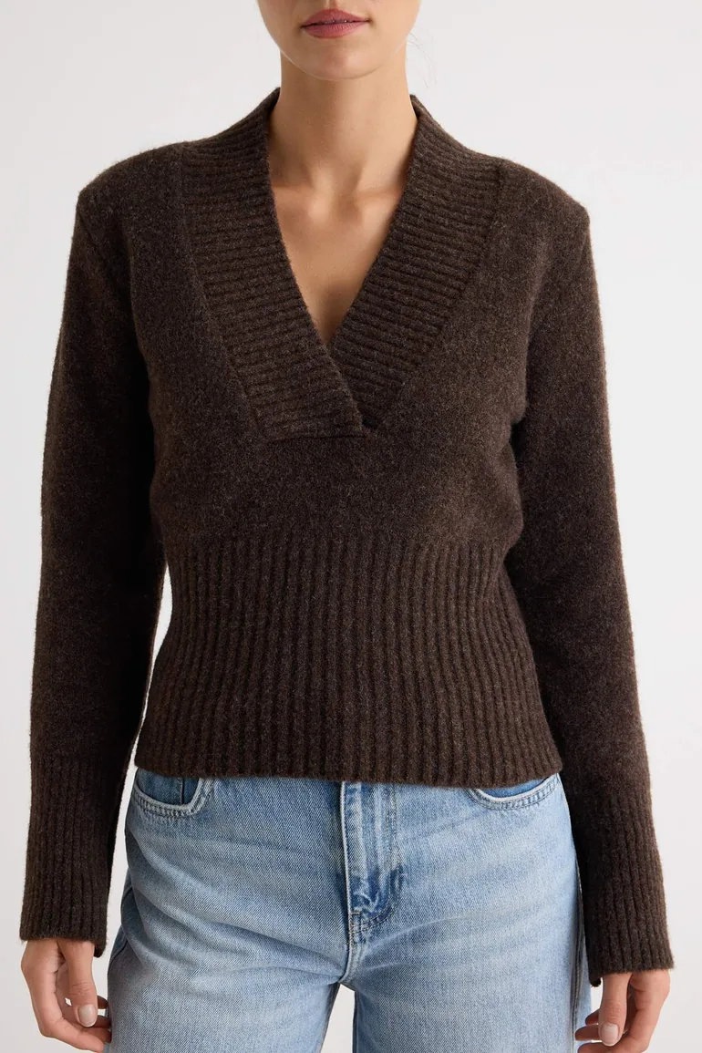 Brown V-Neck Crop Soft Textured Knitwear Sweater - 2