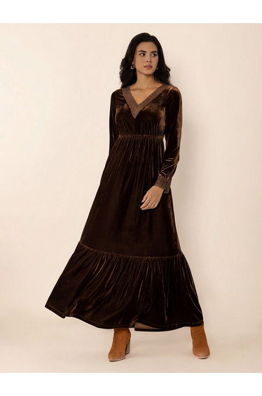 Brown Velvet Maxi Dress with Lace Trim Detail
