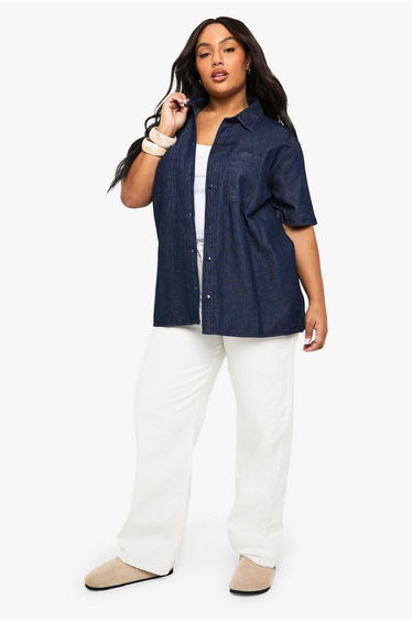 Plus Chambray Denim Short Sleeve Shirt - indigo