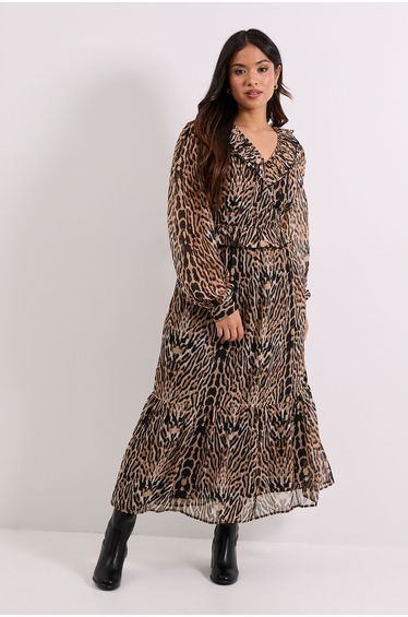 Petite Leopard Pleat Bodice Ruffle Neck Blouson Sleeve Midaxi Dress