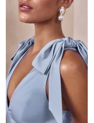 Cala | Powder Blue Satin Plunge-Neck Maxi Dress With Bow-Sleeves - 5